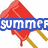 Two red diamond-shaped objects with yellow sticks, each displaying different text overlays: blue 'SUMMCF' and green '2008!'.