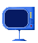 Pixelated blue computer monitor with dark screen, yellow status lights, and red indicator dot; animation shows changing landscape scenes on the display.