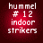 Four identical pixelated red circular icons with white text reading 'hummel # 12 indoor strikers' arranged in a