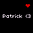 Pixelated icon with red heart and red dot cluster symbols above and below white text reading "Patrick <3" on black background.