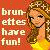 Pixelated image of a woman with long brown hair wearing a yellow top and black choker, standing against red background with text reading "brunettes have fun!".