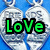 Silver heart-shaped pendants on blue background with green 'LoVe', pink 'ThE', and blue 'fRiEnDs' text overlays.