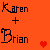 Six colored display 'Karen + Brian' text with pixelated hearts, each a different background color