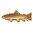 Pixelated fish icon with brown and yellow gradient body, dorsal fin, and tail fin against solid gray background.
