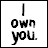 A 48x48 pixel animated contact sheet showing three frames of an icon with the text "I own you" in black on white, where each frame progressively blurs and distorts the text while maintaining the vertical layout.