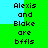 Pixelated text on a green and cyan background with alternating light blue sections, displaying 'Alexis and Blake are bffs' in two vertical
