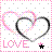 Pixelated static icon featuring two overlapping hearts with a star, pink border, and 'LOVE' text at the bottom on white background.