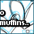 Pixelated icon with blue and white abstract shapes, partial text 'muffins...', and a black circular element with '0' on left.