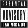Six black-and-white "PARENTAL ADVISORY" labels with varying explicit text below, arranged in a with one empty