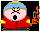 Pixelated cartoon character in red jacket and blue hat holds orange flame-like object against black background.
