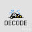 Pixelated cartoon character lying face down with blue sparkles above, black text reading DECODE below on light gray background.