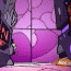 Animated sequence of a small character with white hair and dark clothing running across pink platforms against purple heart-patterned background.