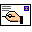Pixelated hand holding pen drawing horizontal line across white background with blue square in top-right corner.