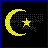 Pixelated icon featuring a yellow crescent moon and star with trailing dots on black background, bordered by blue frame.