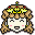 Pixel art character with brown hair, yellow crown, and pink cheeks; left view shows closed eyes and open mouth, right view shows open eyes and smiling mouth.