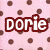 Pixelated icon with pink background and brown circular spots, featuring bold white text "Dorie" outlined in dark red.