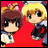 A 48x48 pixel animated contact sheet showing two anime-style characters against a red background on the left and text on a black background on the right, with visible pixelation and dithering effects.