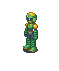 Pixel art character in green armor with yellow accents, alternating between full-body and skeletal versions on gray background.