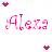 Pixelated image with pink and white background, two dark red hearts in corners, and stylized text reading 'Alexa' in gradient magenta tones.