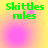 Green pixelated text "Skittles rules" on a yellow-to-pink gradient background with subtle circular patterns.