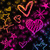 Animated heart-shaped icons in multiple colors with glowing outlines and scattered star-like shapes on dark backgrounds.