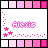 A 3x2 contact sheet of six animated frames showing a pink pixelated text icon with star and dot decorations on white backgrounds, surrounded by color swatches.