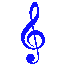 Blue and multicolored musical treble clefs in various pixelated styles arranged on a gray background.