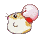 Pixelated hamster-like character with light brown and white fur holds pink balloon, eyes closed in one frame, open in another.
