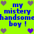 Bright green background with blue text reading "my mistery handsome boy!" repeated twice, surrounded by purple and gray pixelated hearts.