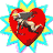 Red heart with cartoon figure on yellow starburst background, six variations of border colors and shapes.