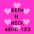 Pixelated pink background with light pink hearts, dark brown text reading BETH N NICK 4EVR <33 repeated in two