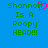 Blue background with green pixelated text reading "Shannon Is A Poopy HEAD!!!" and a pink heart symbol replacing the 'o' in Shannon on the left side.