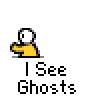 A 4x4 contact sheet of a pixel art animation featuring a yellow stick figure, white ghost shapes, and text elements across multiple frames showing sequential changes.