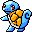 Pixelated cartoon character with blue skin, orange shell, and red eyes appears in multiple poses on white cloud backgrounds.
