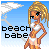 Pixel art of a blonde woman in a bikini top and bottoms standing against a blue sky with clouds, with text changing from 'beach babe' to 'toast your buns in the sun'.