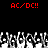 Red text 'AC/DC!!' appears twice at the top of a black background, with a of pixelated white and gray figures below