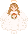 Pixelated angel figure with brown hair, white dress, and wings holding a wreath with a red bow, standing against gray background.