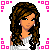 Pixel art contact sheet of a female character with long brown hair in various poses and outfits, featuring repeated text "brunette babe" on a white background with pink decorative borders.