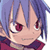 Pixelated anime-style character face with purple hair, red eyes, and a neutral expression on a white background.