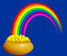 Static pixel art icon of a golden pot overflowing with yellow coins under a rainbow arch on solid blue background.