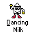 Pixelated character with white body, black mustache, red boots, yellow hands dancing under gray background.