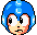 Pixel art of a blue-helmeted character with orange cheeks, showing six distinct facial expressions across three