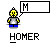 Pixel art character with yellow hair and gray shirt holds speech bubbles showing 'M', 'M.M', 'M.M.M', or 'DONUTS' above text reading 'HOMER'.