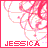 Pixelated icon with pink and white abstract swirls forming a circular pattern, bordered by solid red frame, with 'JESSICA' text in bold red block letters at bottom.
