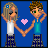 Pixel art of two figures holding hands with a heart symbol between them, one figure's hair changes from brown to blonde.