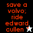 Pixelated orange text 'save a volvo; ride edward cullen' on black, white, and gray backgrounds with two distinct star-shaped figures.
