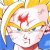Pixelated image of a character with long yellow hair, red eyes, and blue clothing holding a small red object.