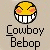 Pixelated yellow circular face with squinted eyes, pink cheeks, and wide white teeth, below which black text reads 'Cowboy Bebop' on a light beige background.