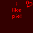 Red pixelated text and heart symbol on dark red background, with text reading 'i like pie!' in two vertical