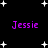 Black background with white star shapes and four instances of the name 'Jessie' in purple pixelated text arranged in a